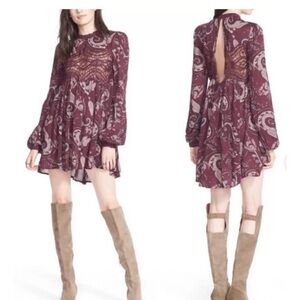 Free People Burgundy Patterned Long Sleeve Dress